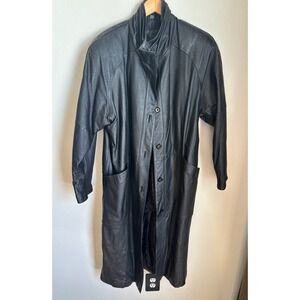 Jacqueline Ferrar Vintage Black Leather Trench Coat‎ Long Funnel Neck Medium